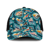 Hawaiian and Japanese Culture Together Mesh Trucker Cap Hawaiian Island Shapes with Japanese Landscape Teal Color