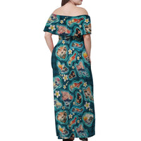 Hawaiian and Japanese Culture Together Off Shoulder Maxi Dress Hawaiian Island Shapes with Japanese Landscape Teal Color LT03 - Polynesian Pride