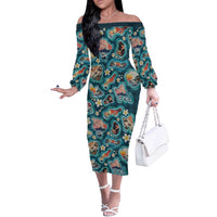 Hawaiian and Japanese Culture Together Off The Shoulder Long Sleeve Dress Hawaiian Island Shapes with Japanese Landscape Teal Color LT03 Women Teal - Polynesian Pride