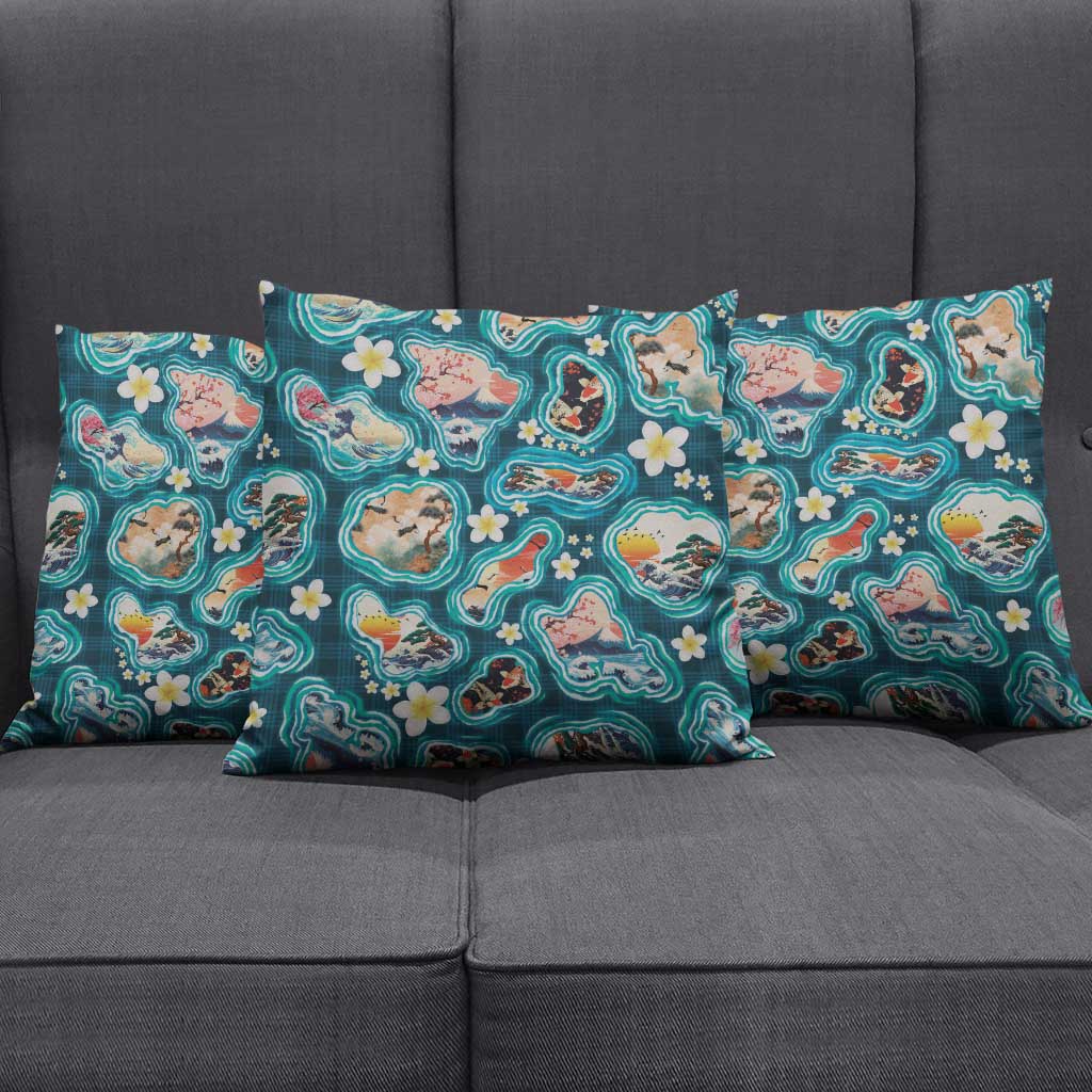 Hawaiian and Japanese Culture Together Pillow Cover Hawaiian Island Shapes with Japanese Landscape Teal Color