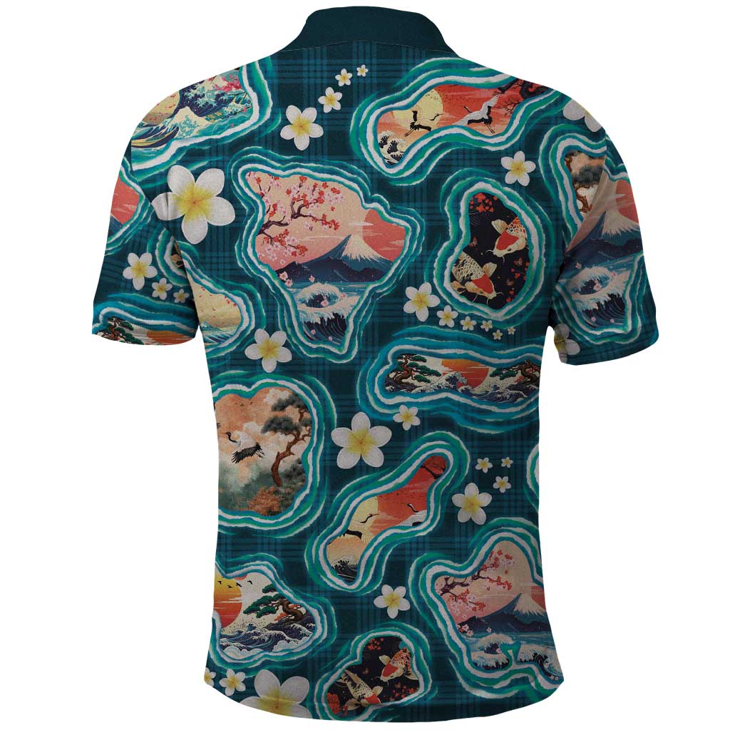 Hawaiian and Japanese Culture Together Polo Shirt Hawaiian Island Shapes with Japanese Landscape Teal Color