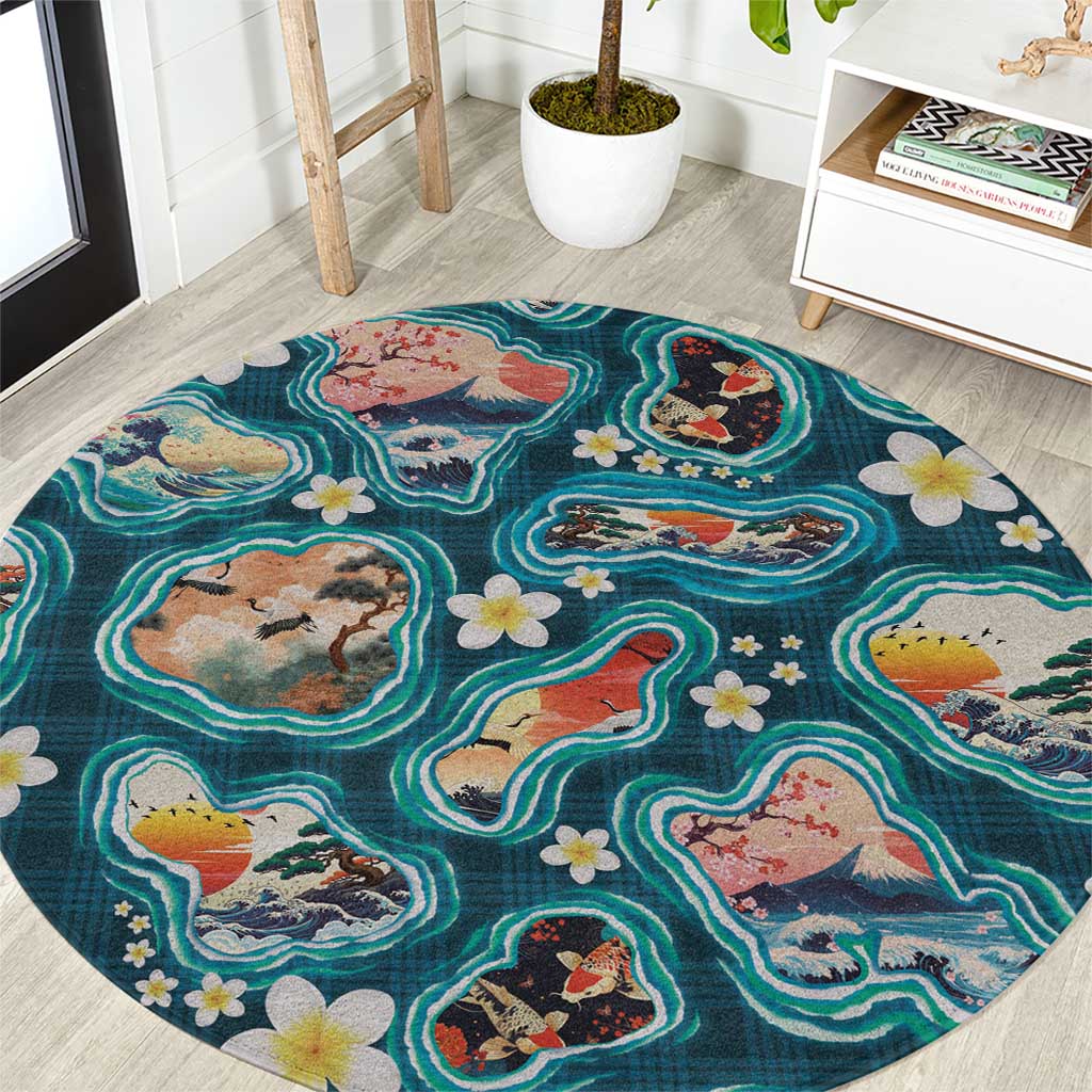 Hawaiian and Japanese Culture Together Round Carpet Hawaiian Island Shapes with Japanese Landscape Teal Color