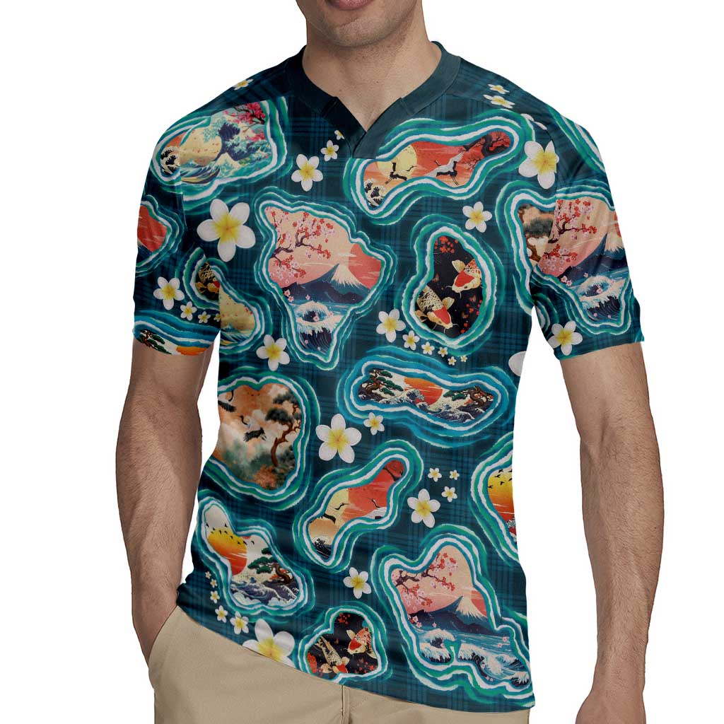 Hawaiian and Japanese Culture Together Rugby Jersey Hawaiian Island Shapes with Japanese Landscape Teal Color