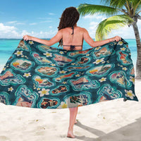 Hawaiian and Japanese Culture Together Sarong Hawaiian Island Shapes with Japanese Landscape Teal Color