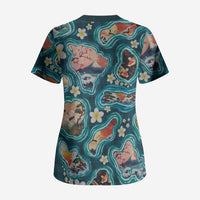 Hawaiian and Japanese Culture Together Scrub Top Hawaiian Island Shapes with Japanese Landscape Teal Color