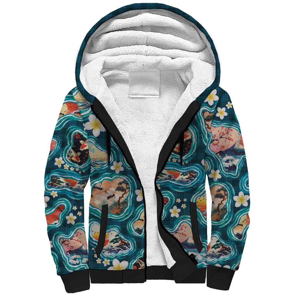 Hawaiian and Japanese Culture Together Sherpa Hoodie Hawaiian Island Shapes with Japanese Landscape Teal Color LT03 Unisex Teal - Polynesian Pride