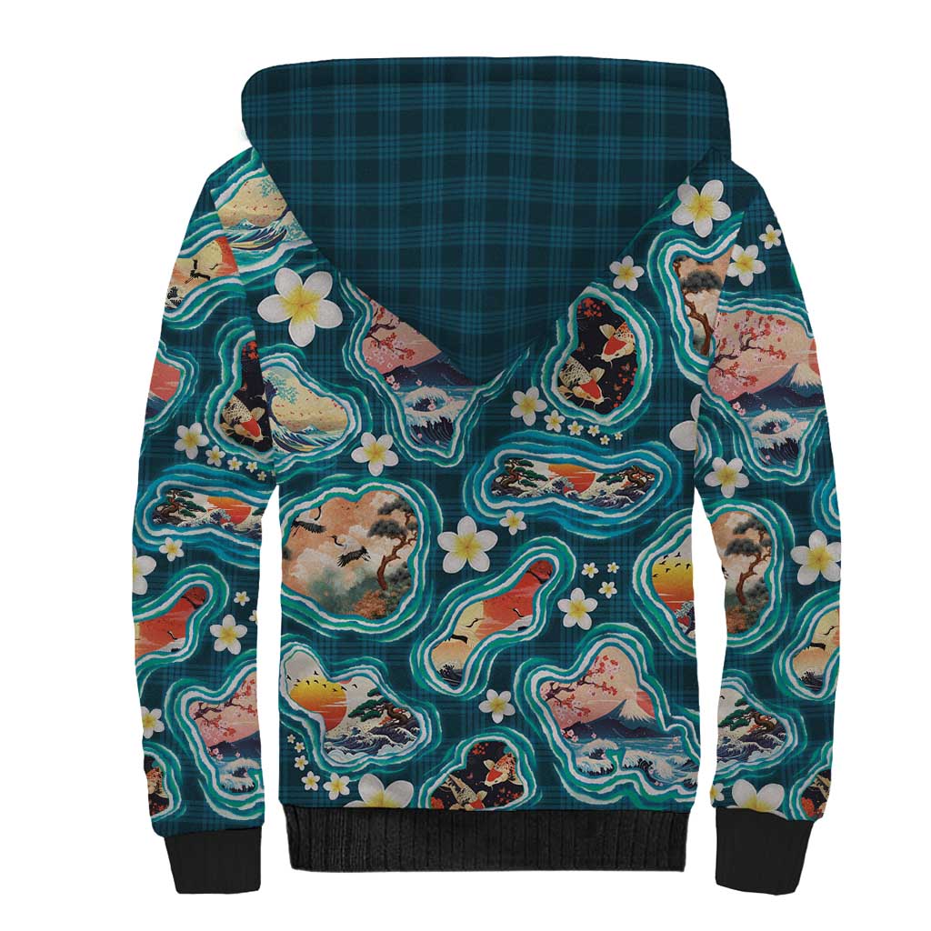 Hawaiian and Japanese Culture Together Sherpa Hoodie Hawaiian Island Shapes with Japanese Landscape Teal Color LT03 - Polynesian Pride