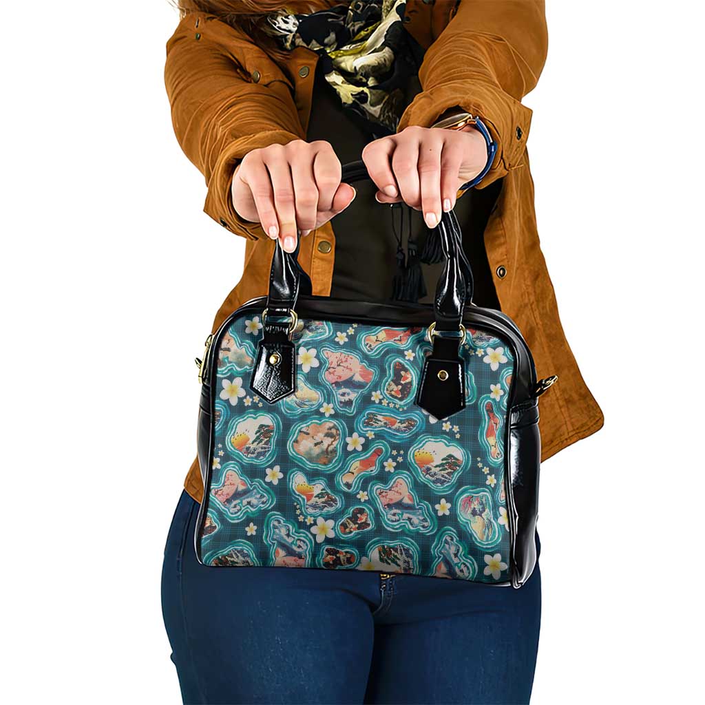 Hawaiian and Japanese Culture Together Shoulder Handbag Hawaiian Island Shapes with Japanese Landscape Teal Color