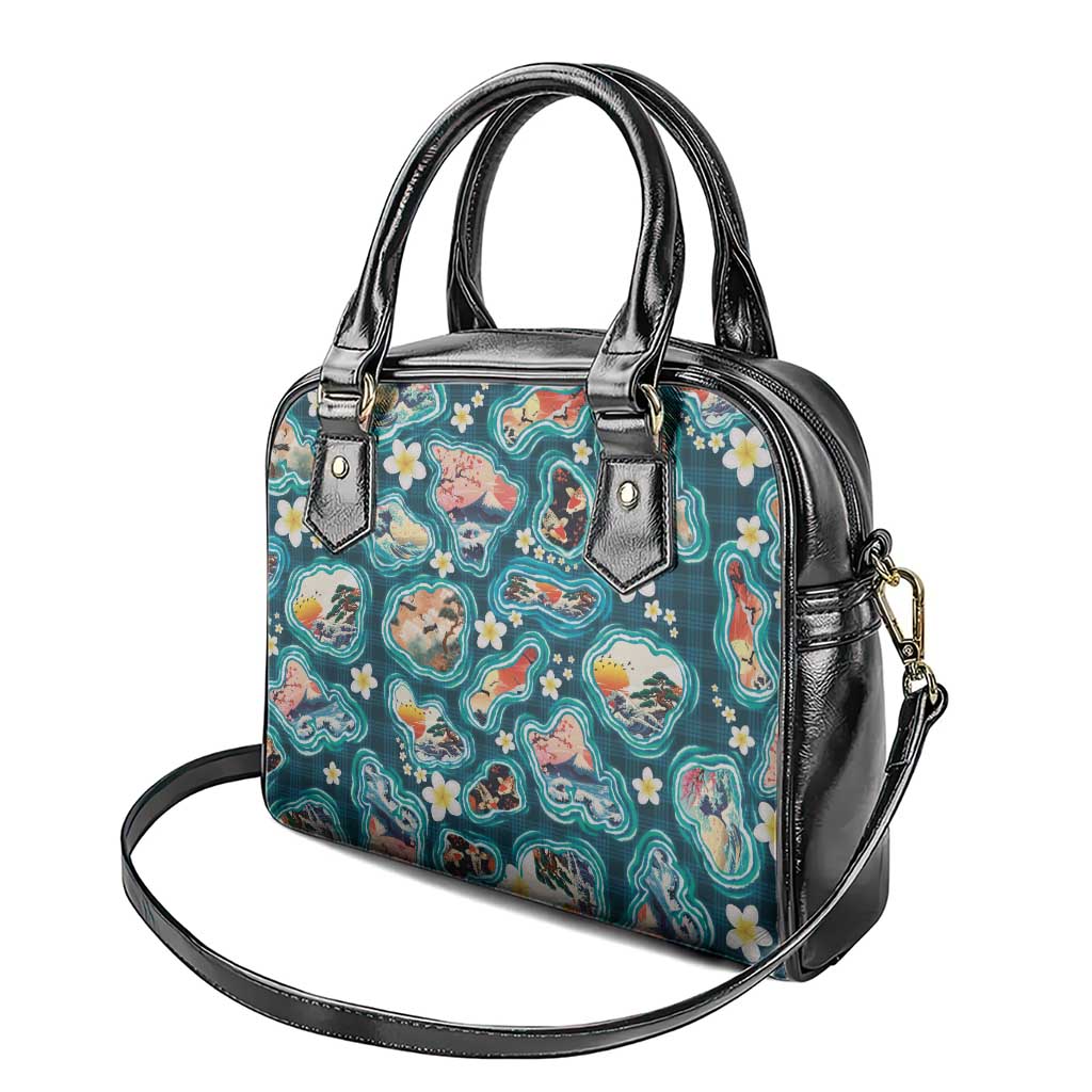 Hawaiian and Japanese Culture Together Shoulder Handbag Hawaiian Island Shapes with Japanese Landscape Teal Color