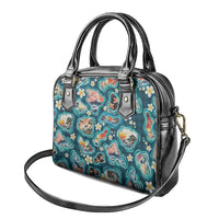 Hawaiian and Japanese Culture Together Shoulder Handbag Hawaiian Island Shapes with Japanese Landscape Teal Color