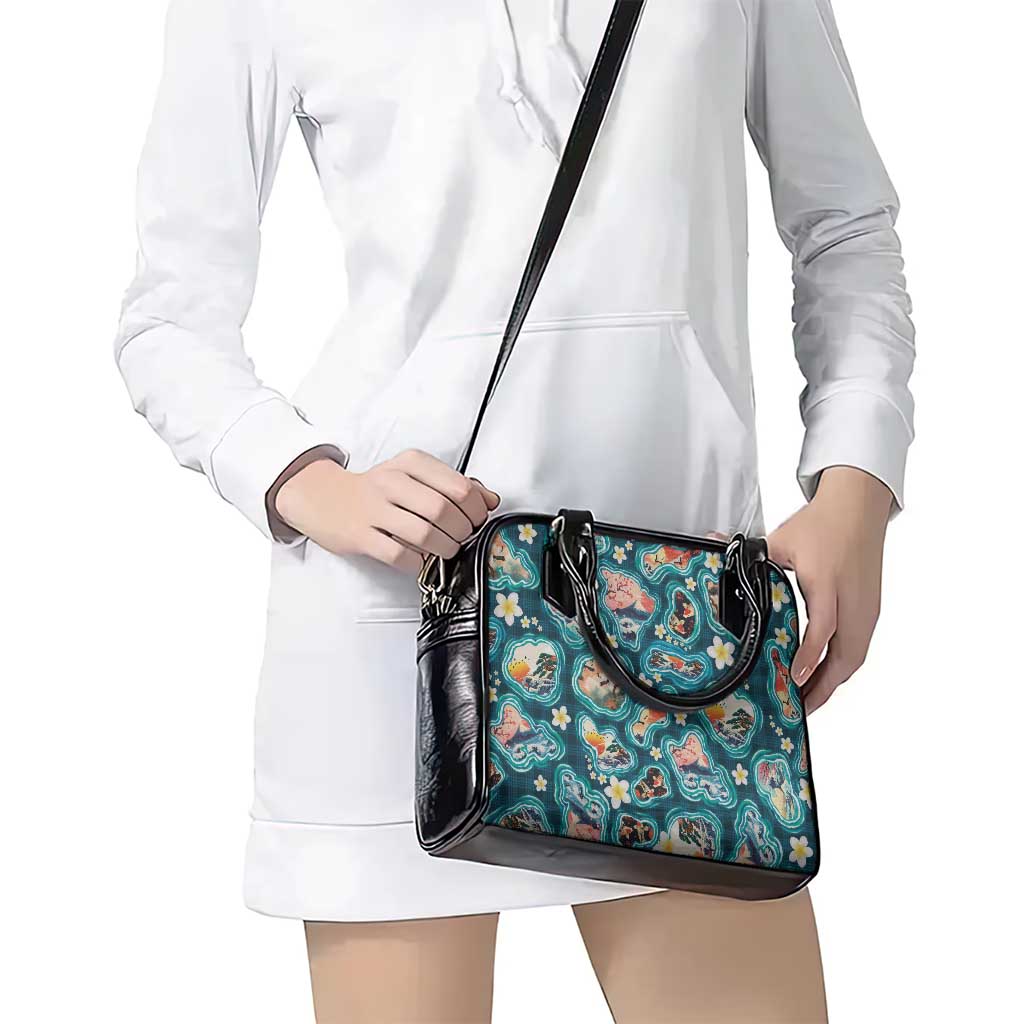 Hawaiian and Japanese Culture Together Shoulder Handbag Hawaiian Island Shapes with Japanese Landscape Teal Color