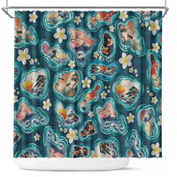 Hawaiian and Japanese Culture Together Shower Curtain Hawaiian Island Shapes with Japanese Landscape Teal Color