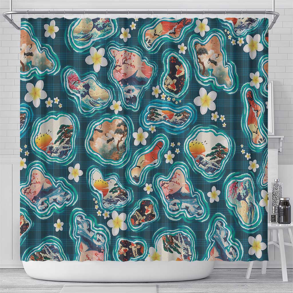 Hawaiian and Japanese Culture Together Shower Curtain Hawaiian Island Shapes with Japanese Landscape Teal Color