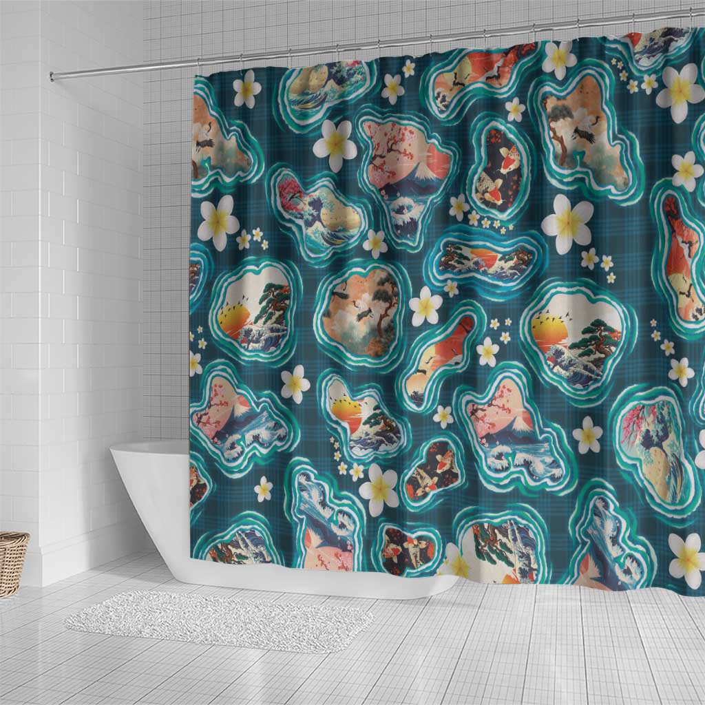 Hawaiian and Japanese Culture Together Shower Curtain Hawaiian Island Shapes with Japanese Landscape Teal Color