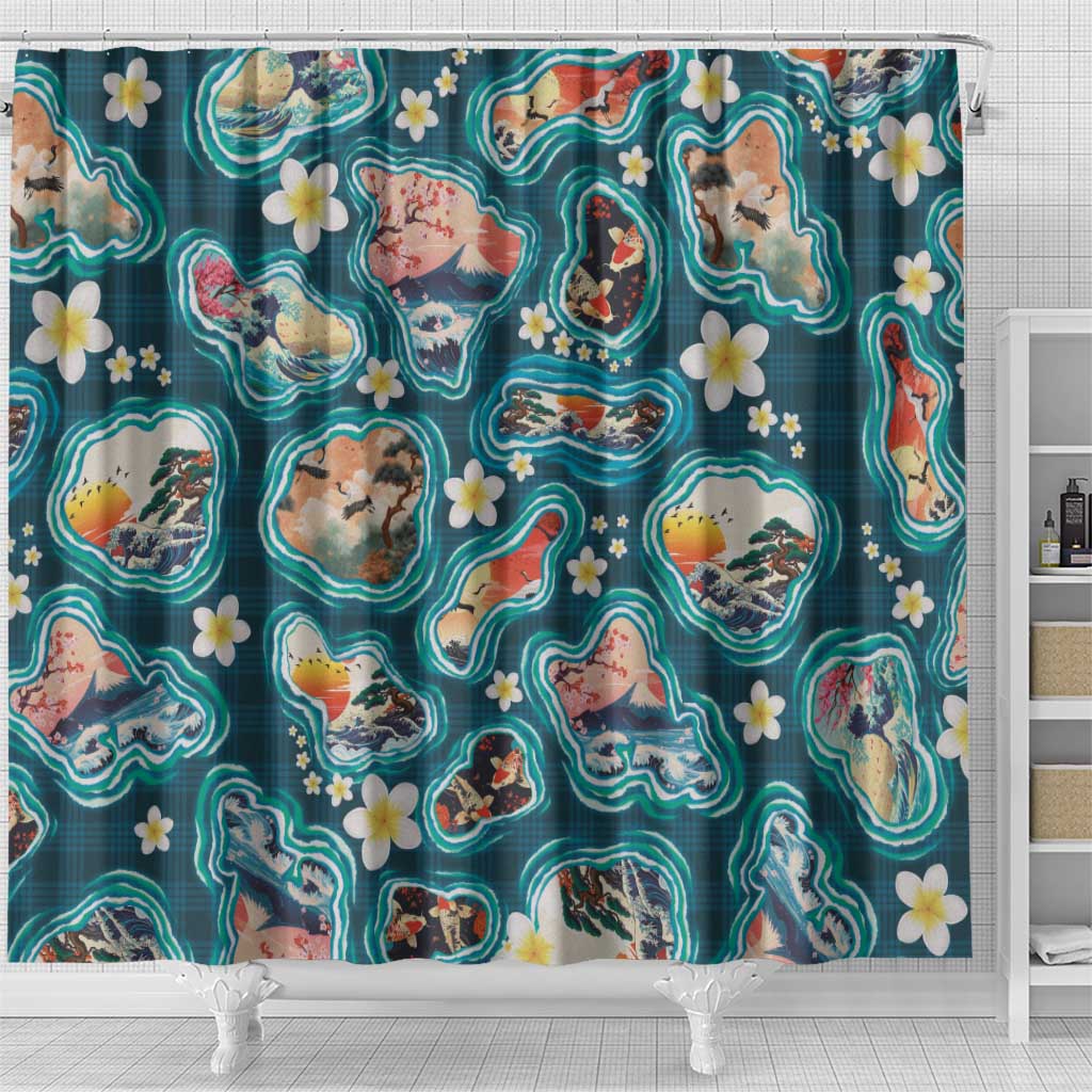 Hawaiian and Japanese Culture Together Shower Curtain Hawaiian Island Shapes with Japanese Landscape Teal Color