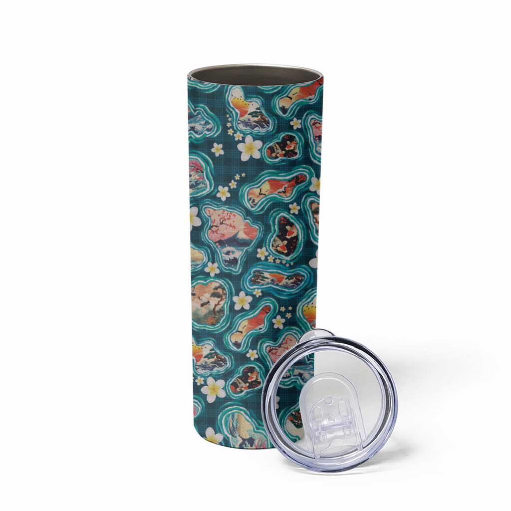 Hawaiian and Japanese Culture Together Skinny Tumbler Hawaiian Island Shapes with Japanese Landscape Teal Color