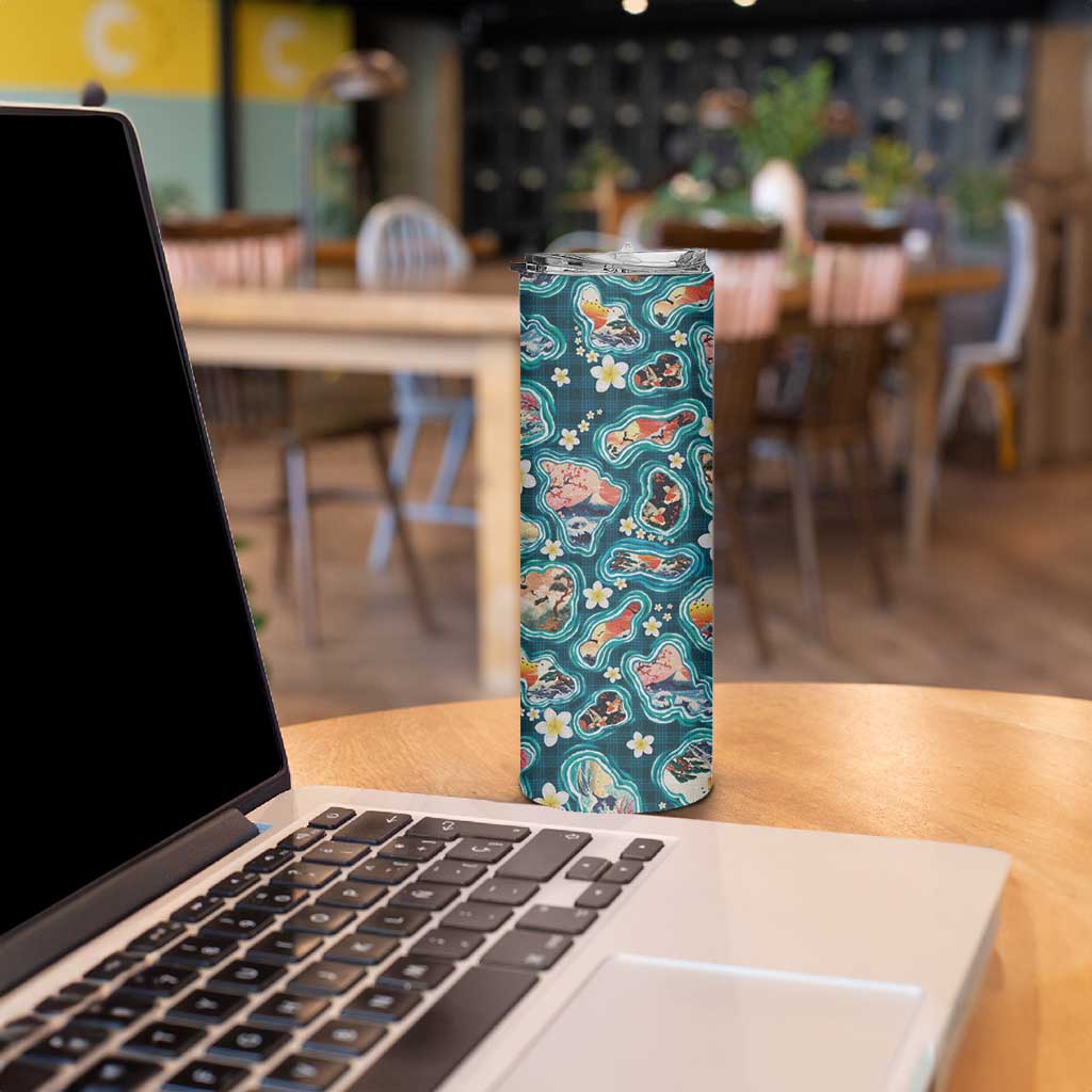 Hawaiian and Japanese Culture Together Skinny Tumbler Hawaiian Island Shapes with Japanese Landscape Teal Color
