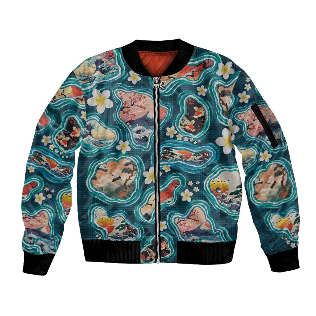 Hawaiian and Japanese Culture Together Sleeve Zip Bomber Jacket Hawaiian Island Shapes with Japanese Landscape Teal Color