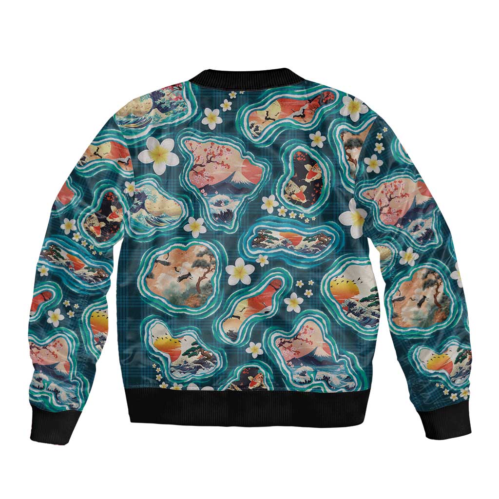 Hawaiian and Japanese Culture Together Sleeve Zip Bomber Jacket Hawaiian Island Shapes with Japanese Landscape Teal Color