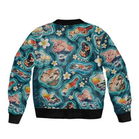 Hawaiian and Japanese Culture Together Sleeve Zip Bomber Jacket Hawaiian Island Shapes with Japanese Landscape Teal Color