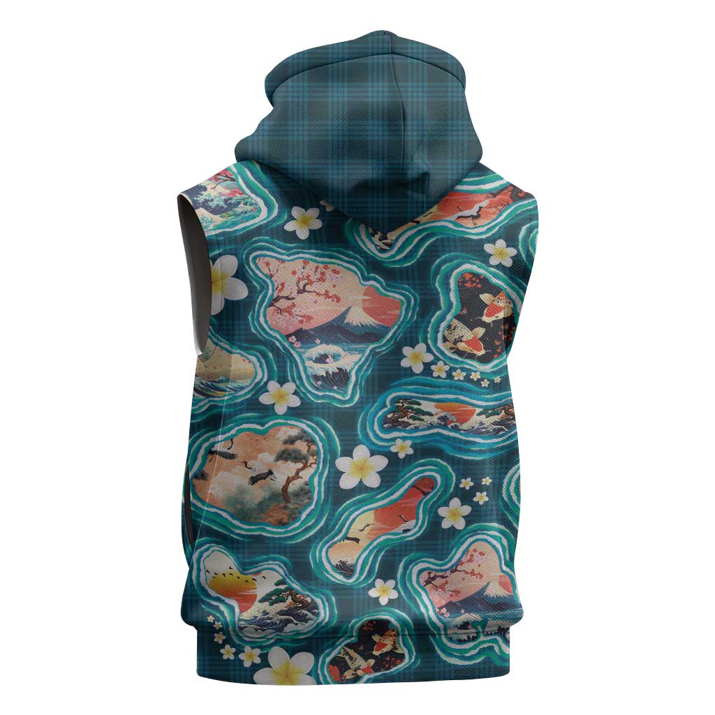 Hawaiian and Japanese Culture Together Sleeveless Zip Hoodie Hawaiian Island Shapes with Japanese Landscape Teal Color