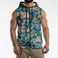 Hawaiian and Japanese Culture Together Sleeveless Zip Hoodie Hawaiian Island Shapes with Japanese Landscape Teal Color