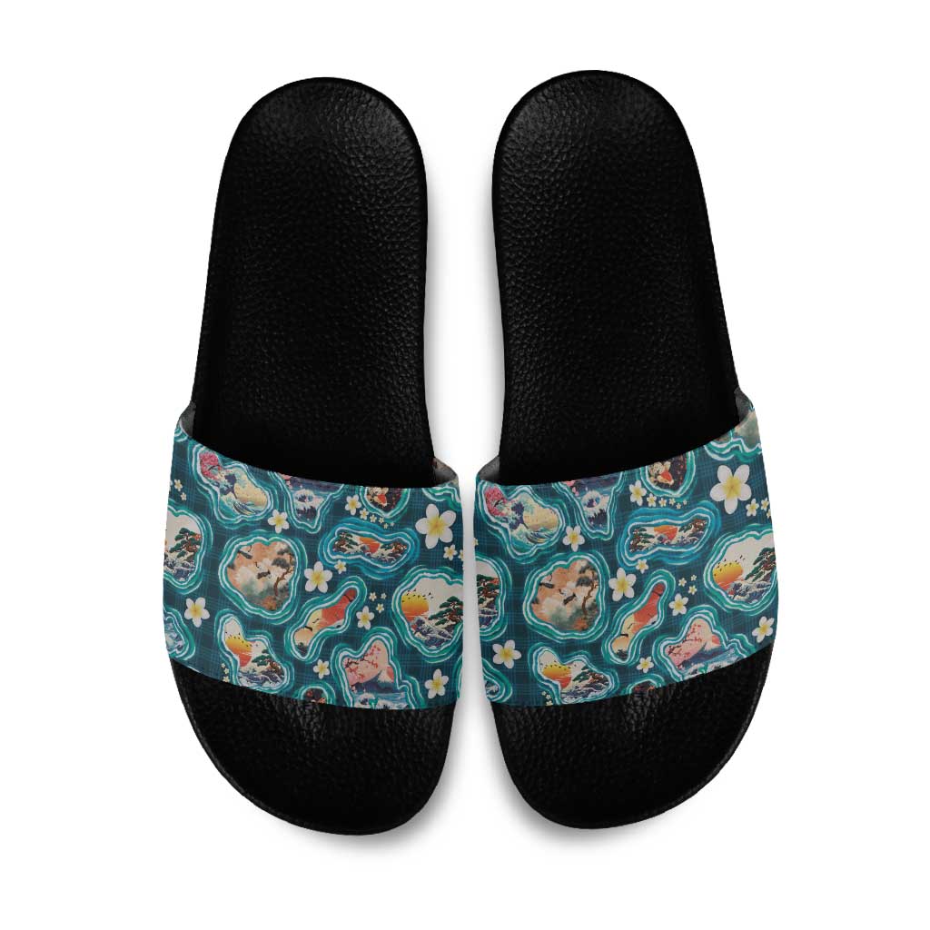 Hawaiian and Japanese Culture Together Slide Sandals Hawaiian Island Shapes with Japanese Landscape Teal Color