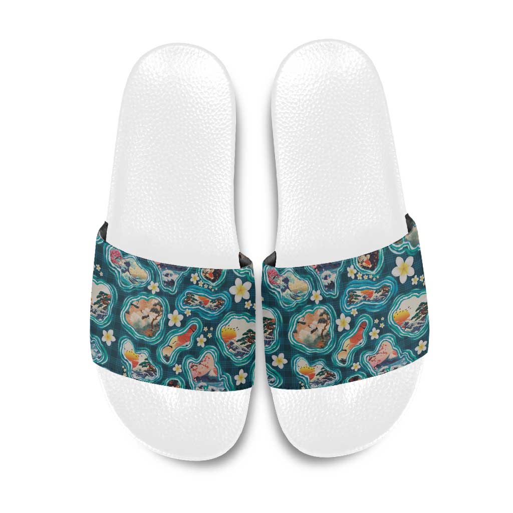 Hawaiian and Japanese Culture Together Slide Sandals Hawaiian Island Shapes with Japanese Landscape Teal Color