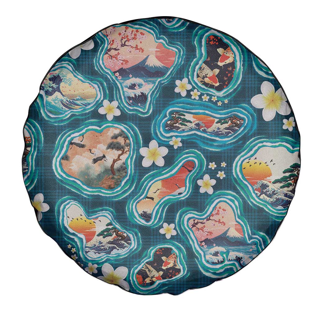Hawaiian and Japanese Culture Together Spare Tire Cover Hawaiian Island Shapes with Japanese Landscape Teal Color