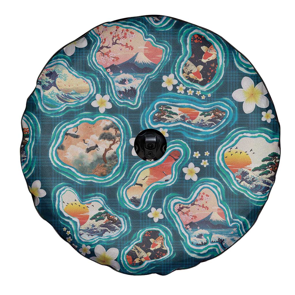 Hawaiian and Japanese Culture Together Spare Tire Cover Hawaiian Island Shapes with Japanese Landscape Teal Color