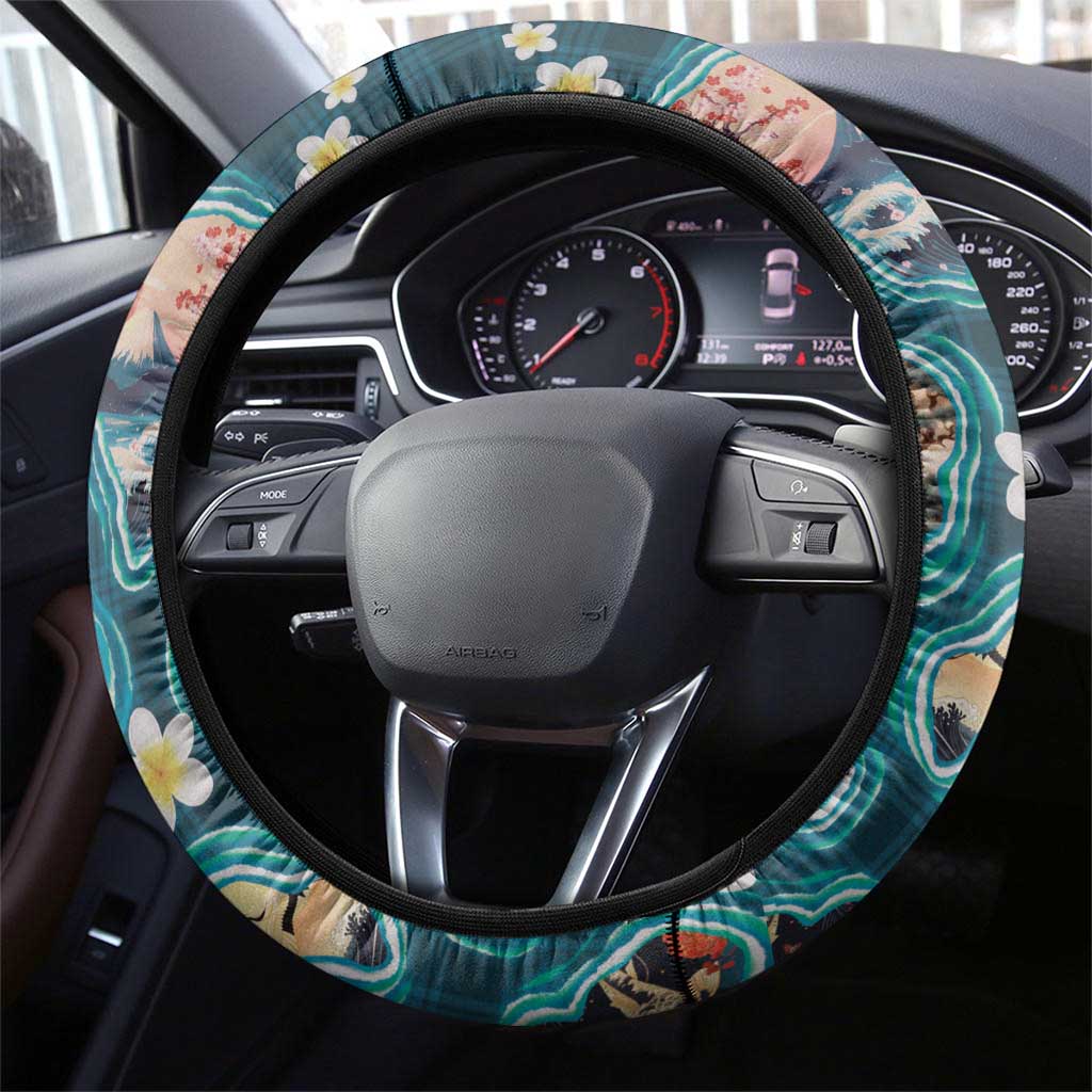 Hawaiian and Japanese Culture Together Steering Wheel Cover Hawaiian Island Shapes with Japanese Landscape Teal Color
