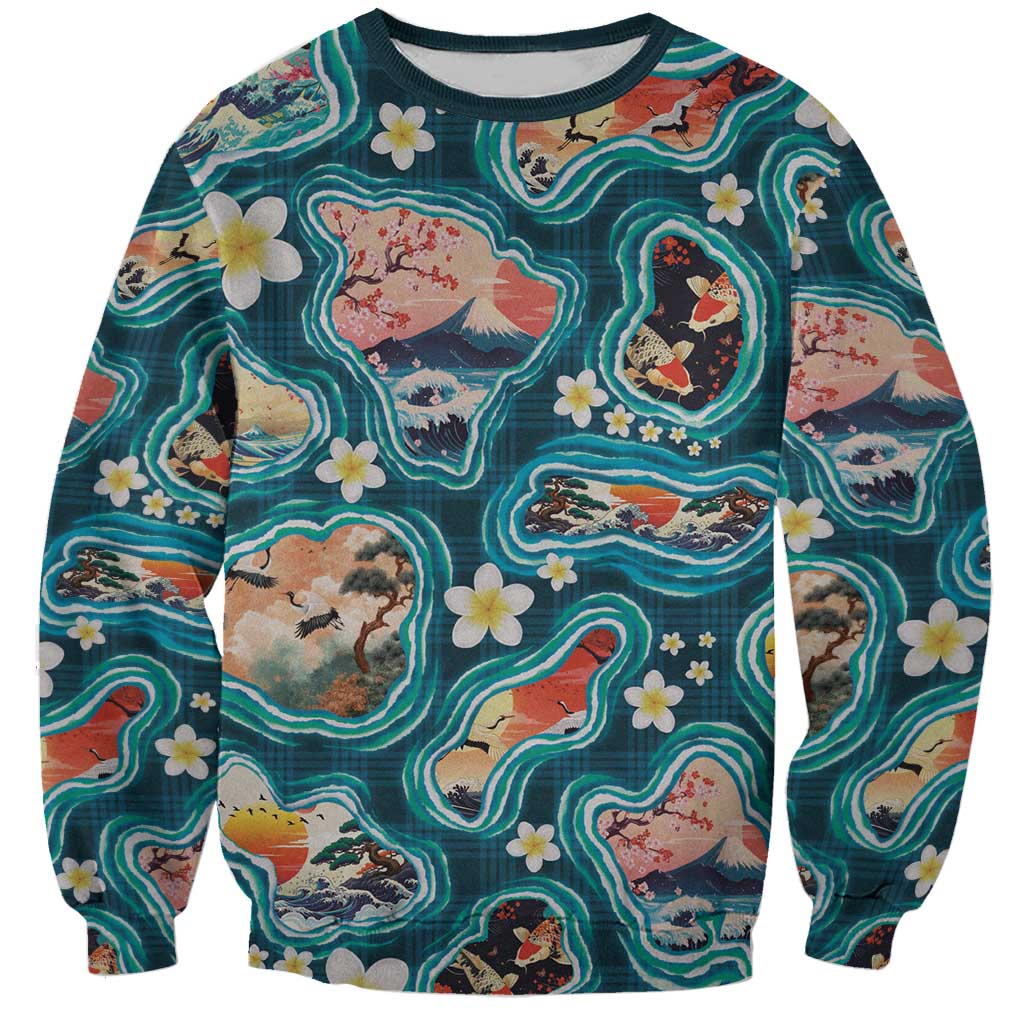 Hawaiian and Japanese Culture Together Sweatshirt Hawaiian Island Shapes with Japanese Landscape Teal Color