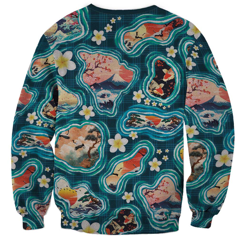 Hawaiian and Japanese Culture Together Sweatshirt Hawaiian Island Shapes with Japanese Landscape Teal Color