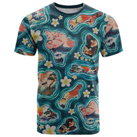 Hawaiian and Japanese Culture Together T Shirt Hawaiian Island Shapes with Japanese Landscape Teal Color