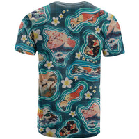 Hawaiian and Japanese Culture Together T Shirt Hawaiian Island Shapes with Japanese Landscape Teal Color