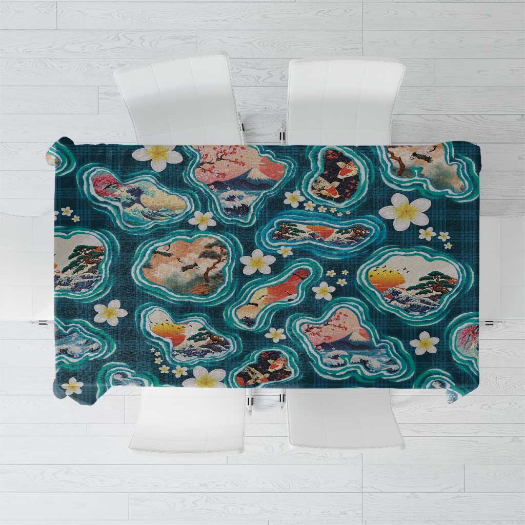 Hawaiian and Japanese Culture Together Tablecloth Hawaiian Island Shapes with Japanese Landscape Teal Color