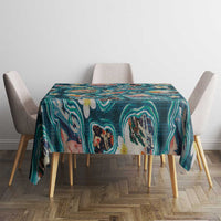 Hawaiian and Japanese Culture Together Tablecloth Hawaiian Island Shapes with Japanese Landscape Teal Color