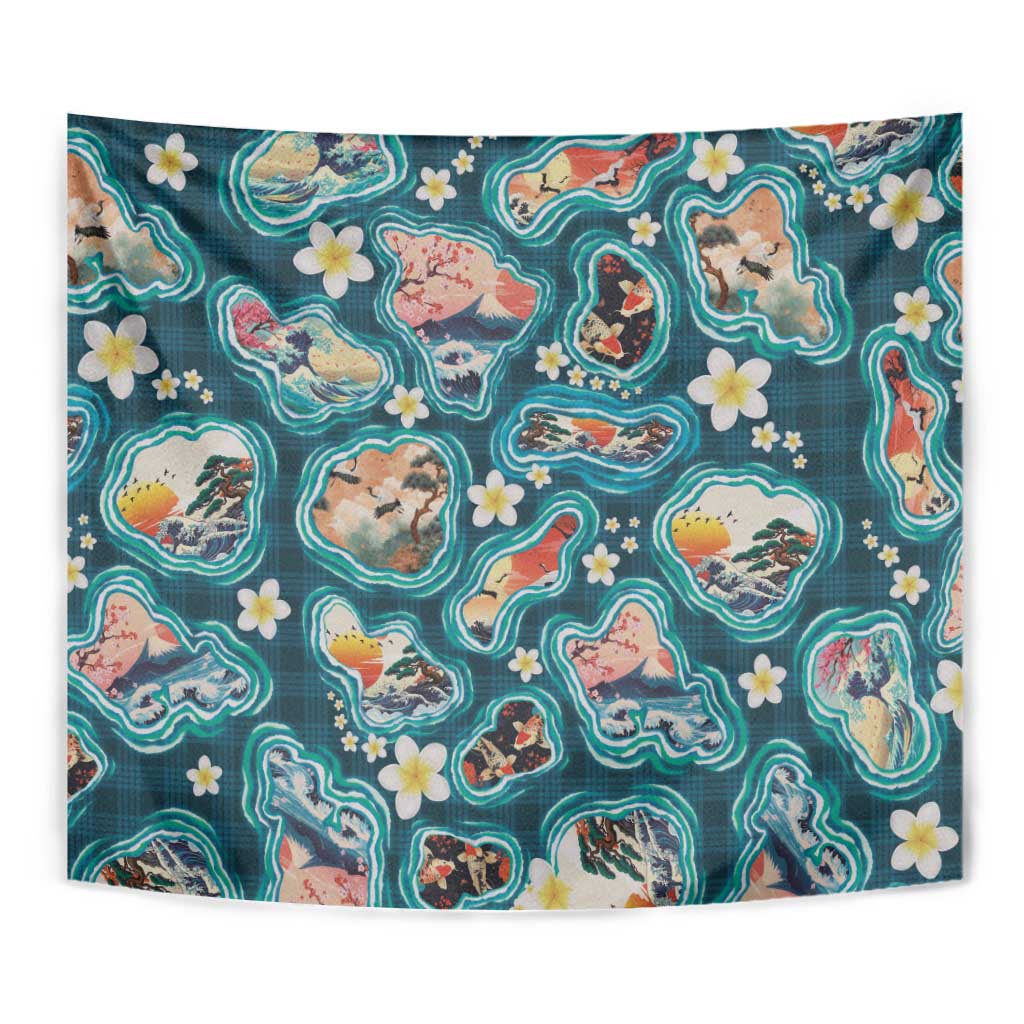 Hawaiian and Japanese Culture Together Tapestry Hawaiian Island Shapes with Japanese Landscape Teal Color