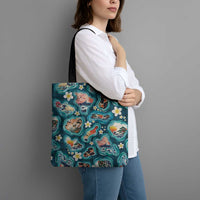 Hawaiian and Japanese Culture Together Tote Bag Hawaiian Island Shapes with Japanese Landscape Teal Color