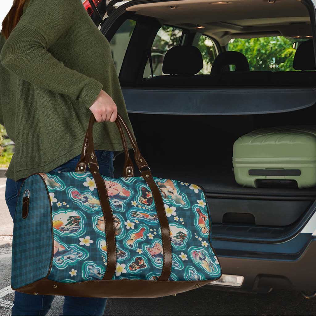 Hawaiian and Japanese Culture Together Travel Bag Hawaiian Island Shapes with Japanese Landscape Teal Color