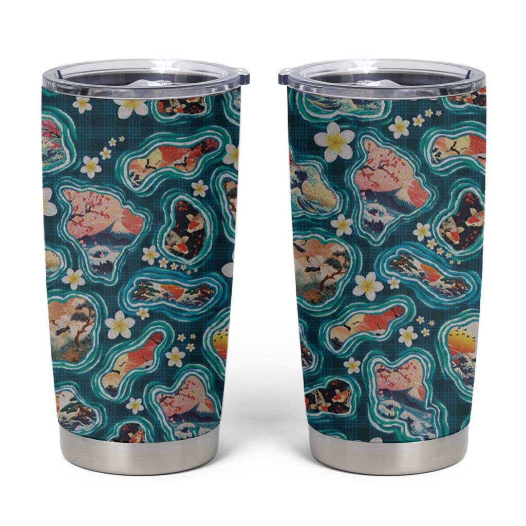 Hawaiian and Japanese Culture Together Tumbler Cup Hawaiian Island Shapes with Japanese Landscape Teal Color