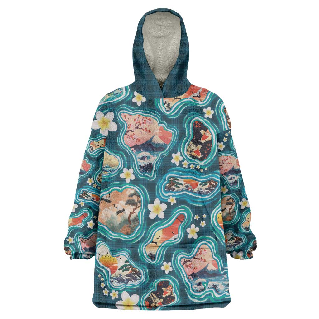 Hawaiian and Japanese Culture Together Wearable Blanket Hoodie Hawaiian Island Shapes with Japanese Landscape Teal Color LT03 One Size Teal - Polynesian Pride