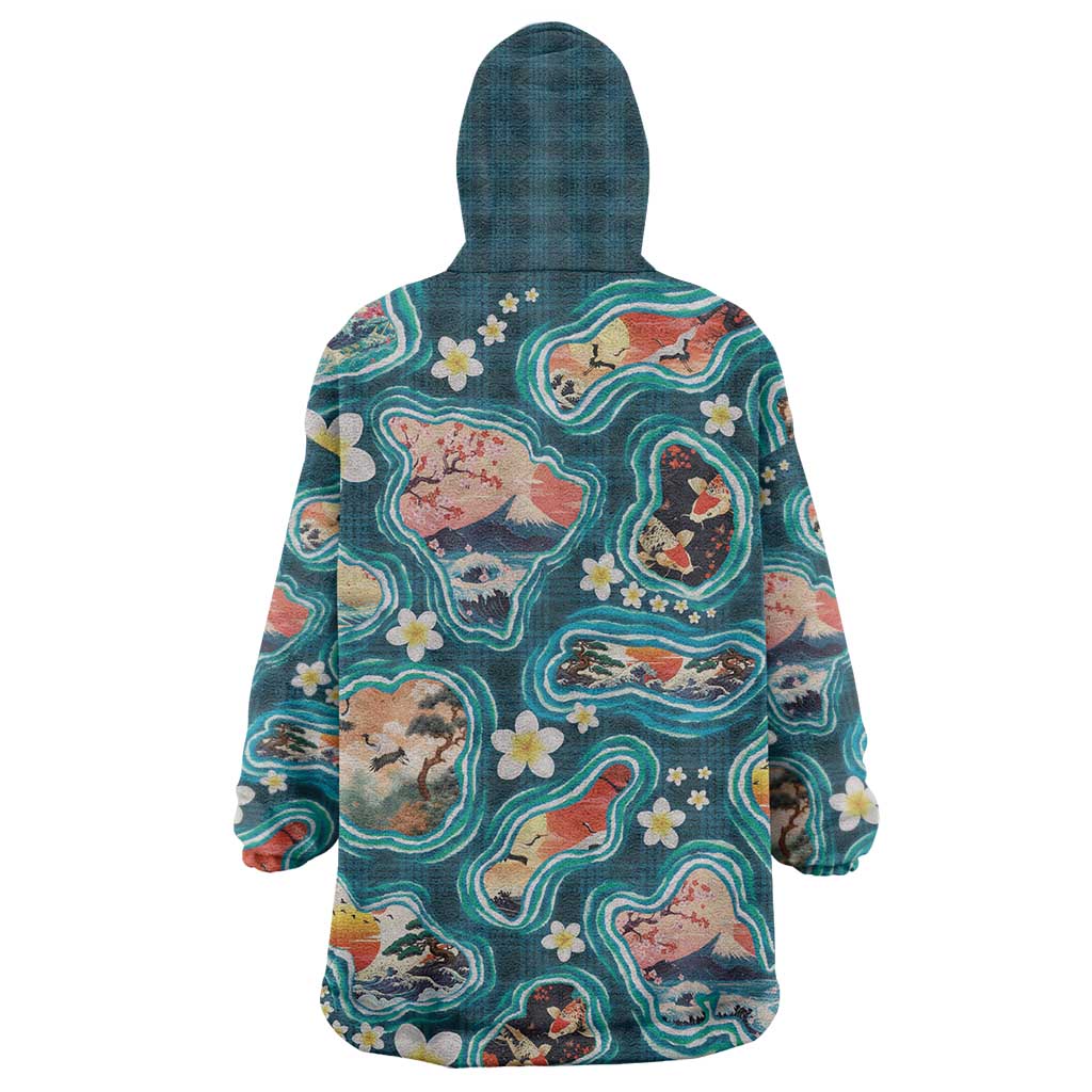 Hawaiian and Japanese Culture Together Wearable Blanket Hoodie Hawaiian Island Shapes with Japanese Landscape Teal Color LT03 - Polynesian Pride