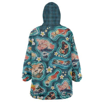 Hawaiian and Japanese Culture Together Wearable Blanket Hoodie Hawaiian Island Shapes with Japanese Landscape Teal Color LT03 - Polynesian Pride