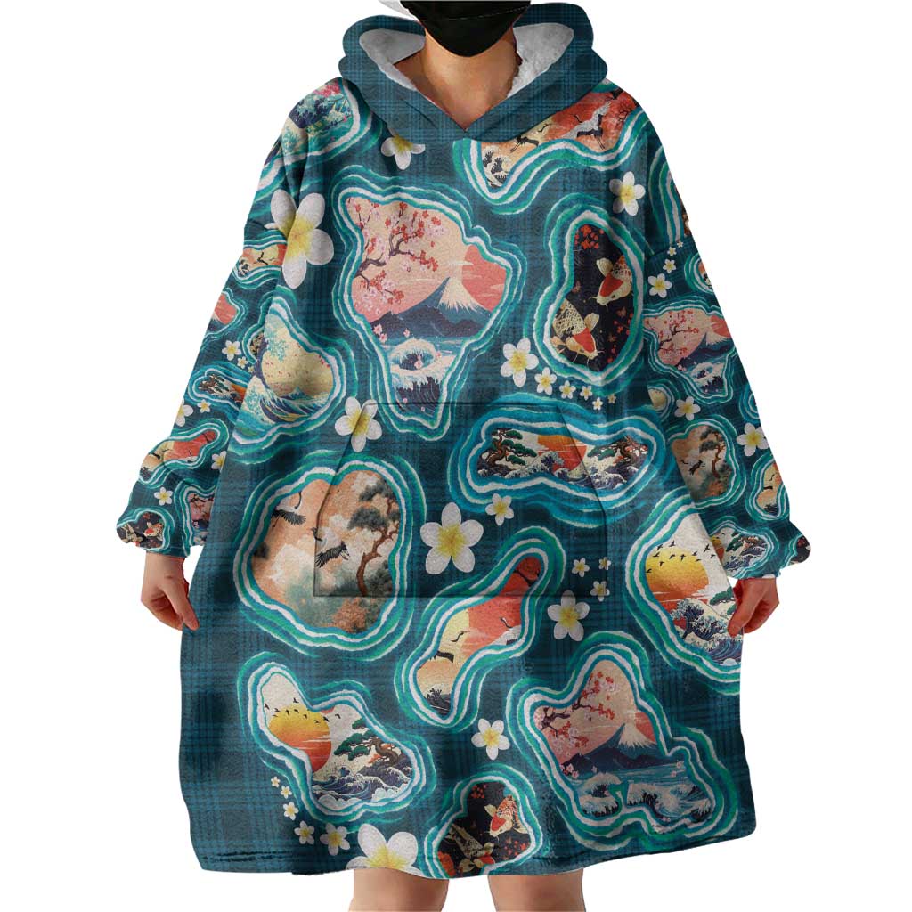 Hawaiian and Japanese Culture Together Wearable Blanket Hoodie Hawaiian Island Shapes with Japanese Landscape Teal Color LT03 - Polynesian Pride