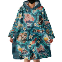 Hawaiian and Japanese Culture Together Wearable Blanket Hoodie Hawaiian Island Shapes with Japanese Landscape Teal Color LT03 - Polynesian Pride