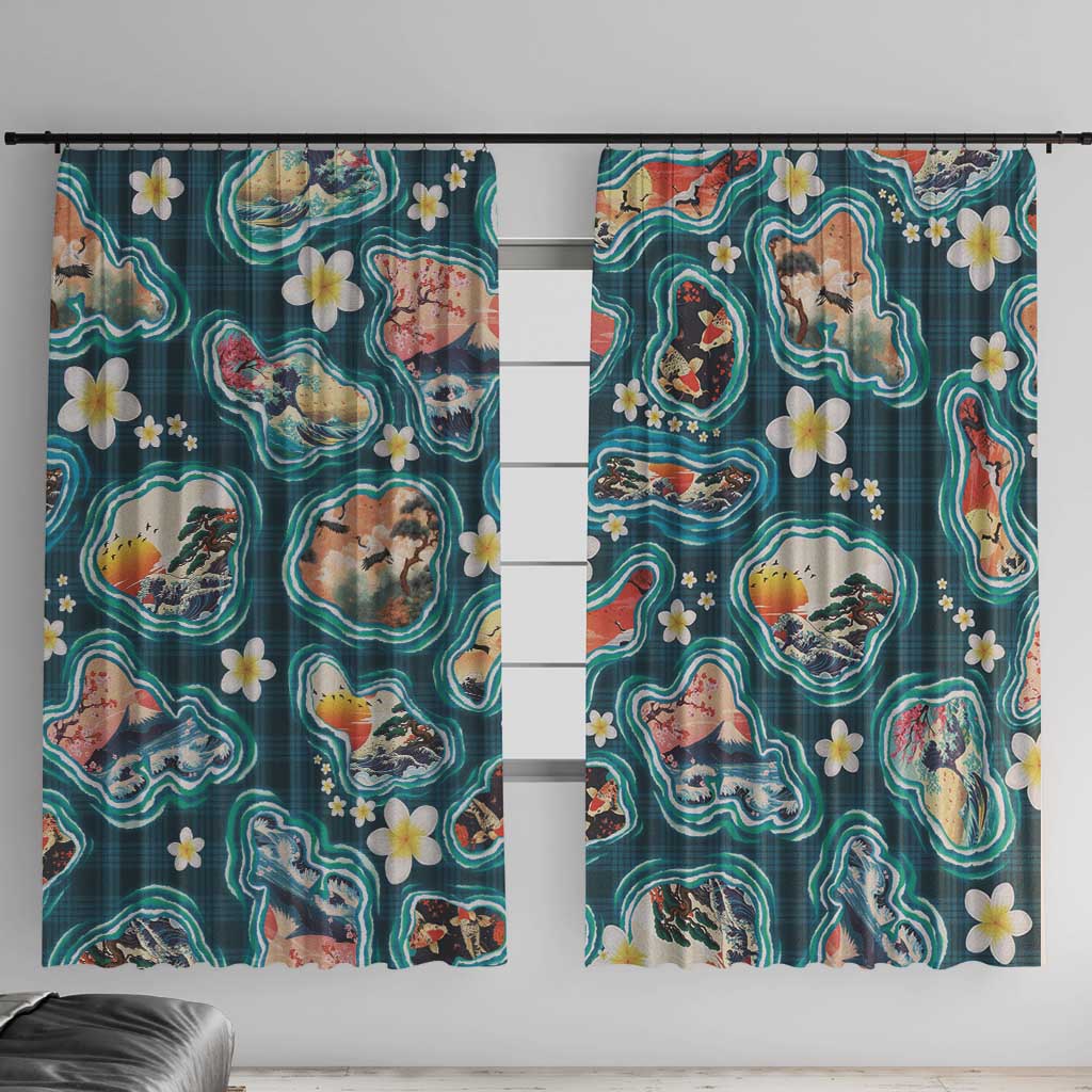 Hawaiian and Japanese Culture Together Window Curtain Hawaiian Island Shapes with Japanese Landscape Teal Color