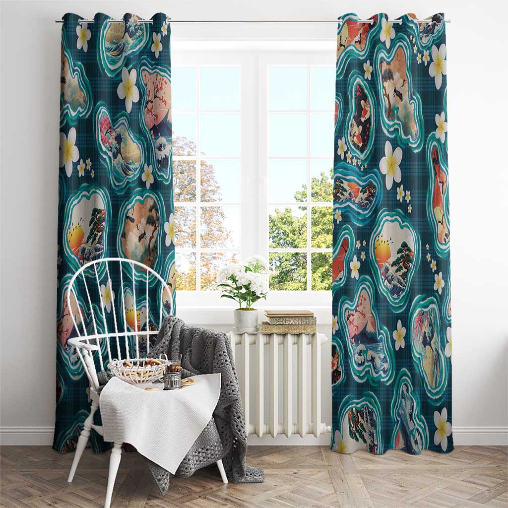 Hawaiian and Japanese Culture Together Window Curtain Hawaiian Island Shapes with Japanese Landscape Teal Color