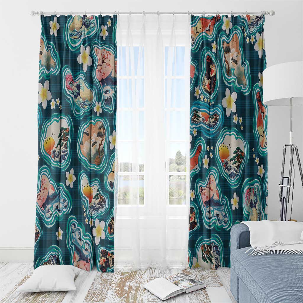 Hawaiian and Japanese Culture Together Window Curtain Hawaiian Island Shapes with Japanese Landscape Teal Color