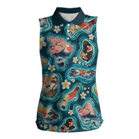 Hawaiian and Japanese Culture Together Women Sleeveless Polo Shirt Hawaiian Island Shapes with Japanese Landscape Teal Color